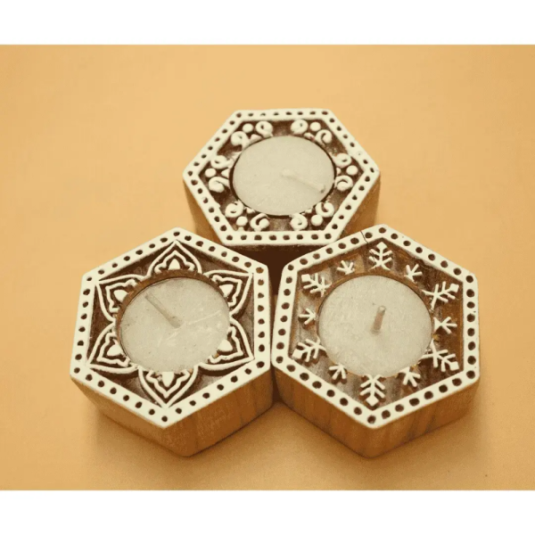Wooden Decorative diya stand hand curved candle holder Set of 3