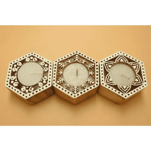 Wooden Decorative diya stand hand curved candle holder Set of 3