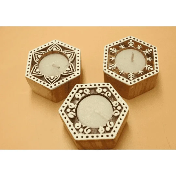 Wooden Decorative diya stand hand curved candle holder Set of 3