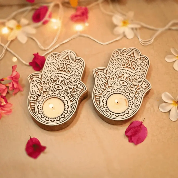 Wooden Hand Block Candle Holder, Set Of Two