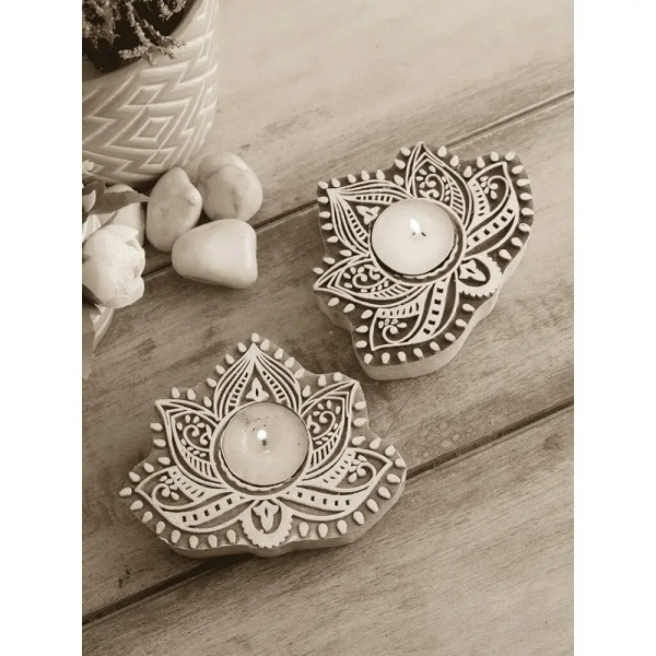 Wooden Lotus Block Candle Holder, Set Of Two