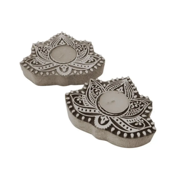 Wooden Lotus Block Candle Holder, Set Of Two
