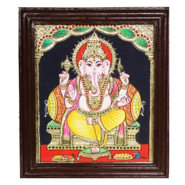Gold Tanjore Art of Ganesh Ji & Gaja Laxmi Mata
